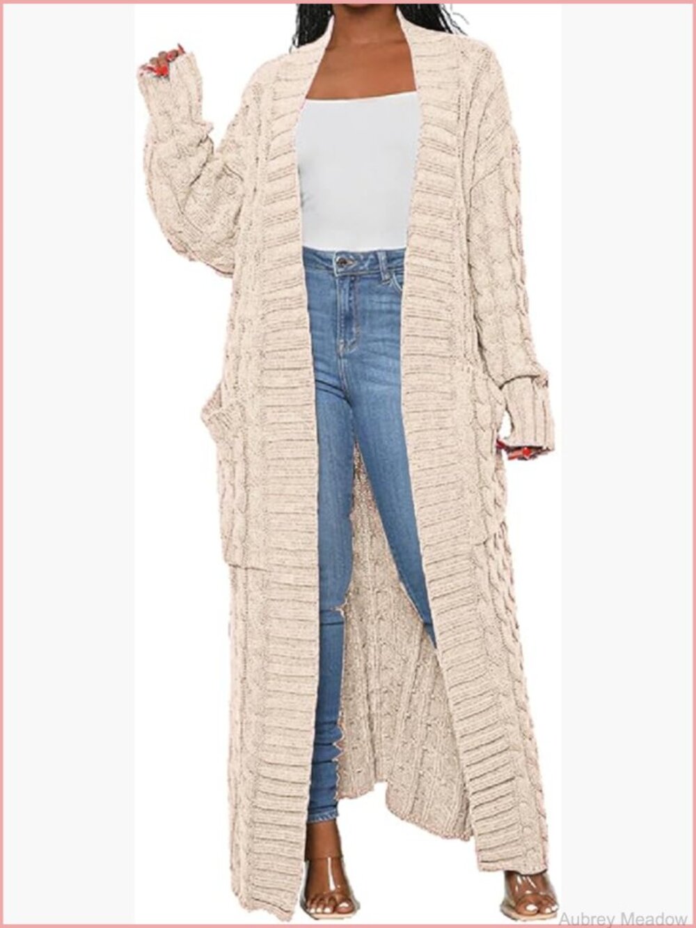Extra Long Cable Knit Cardigan with Pockets Open Front Maxi Sweater